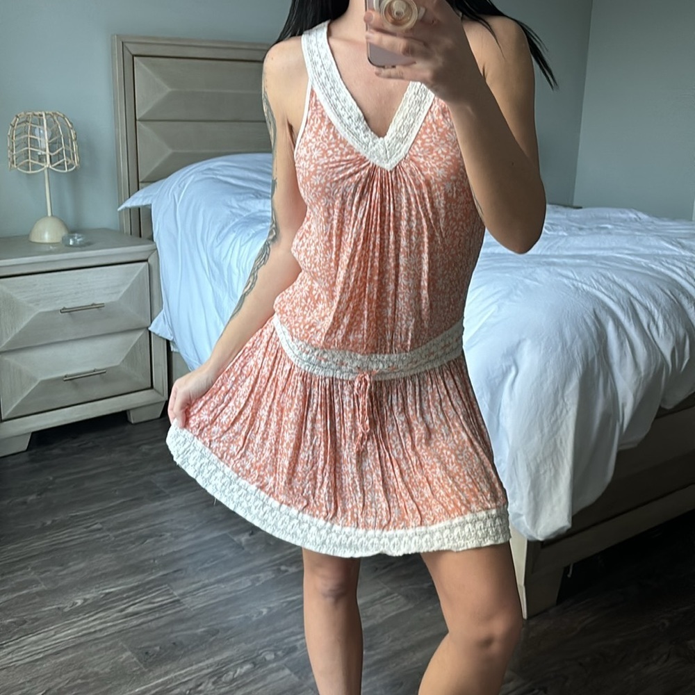 Poupette St. Barth Orange Printed Mini Dress Lace Detail